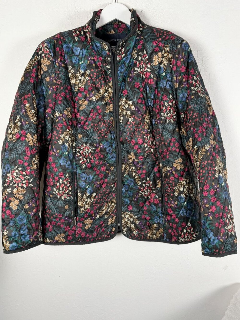 Lands' End Black Floral Quilted PrimaLoft Jacket Zip Front Plus Size 2X 20W-22W
